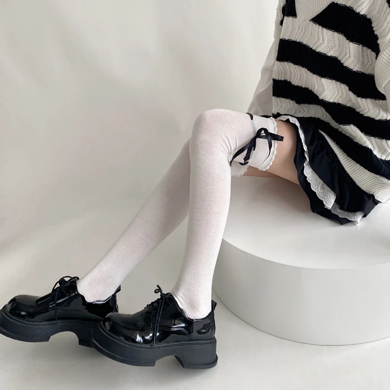 

Женские чулки в стиле Лолиты, бандажные гольфы с бантом, милые гольфы для девочек, однотонные черные, белые длинные носки, гольфы до бедра