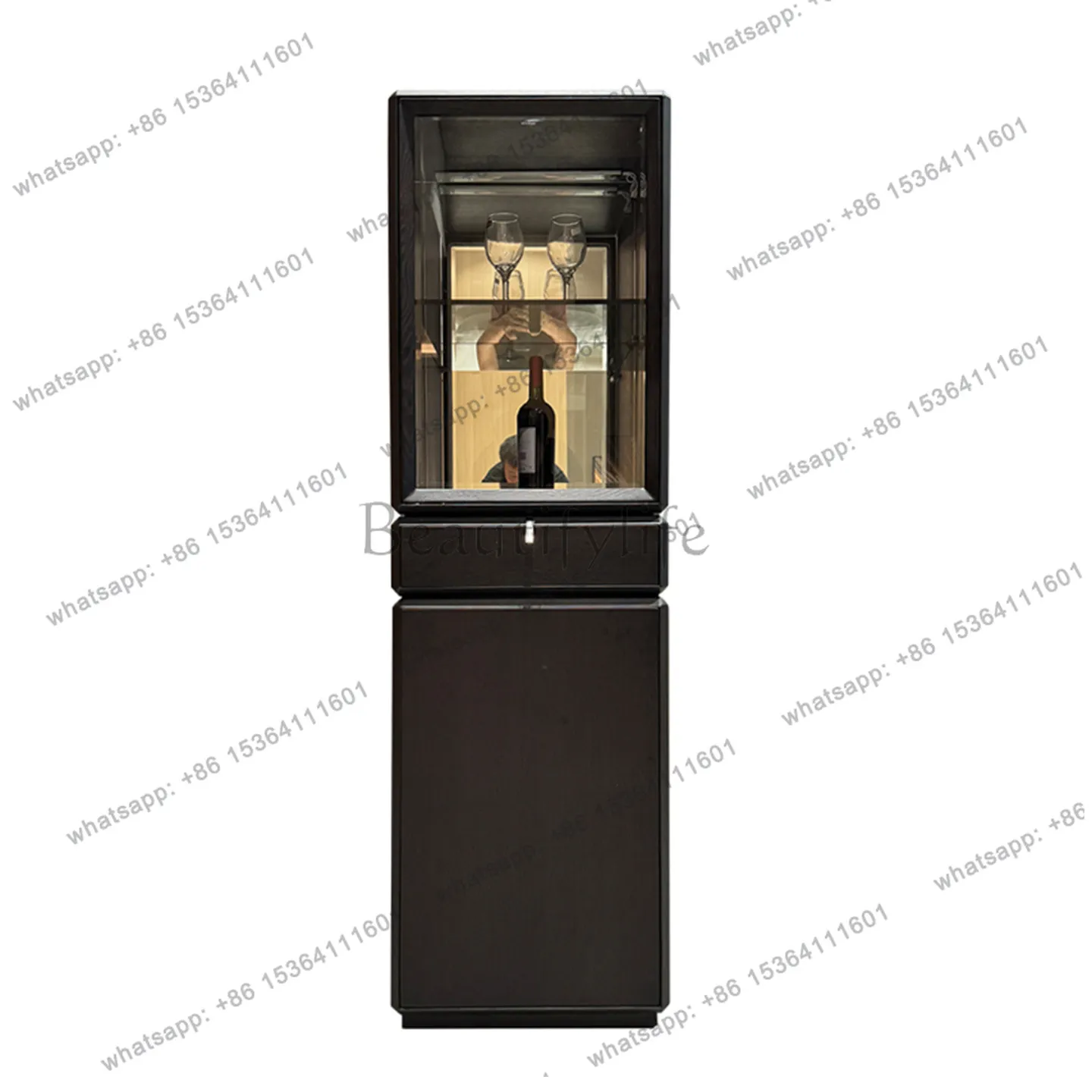

Designer Italian minimalist storage sideboard decorated with smoked wood revolving display cabinet