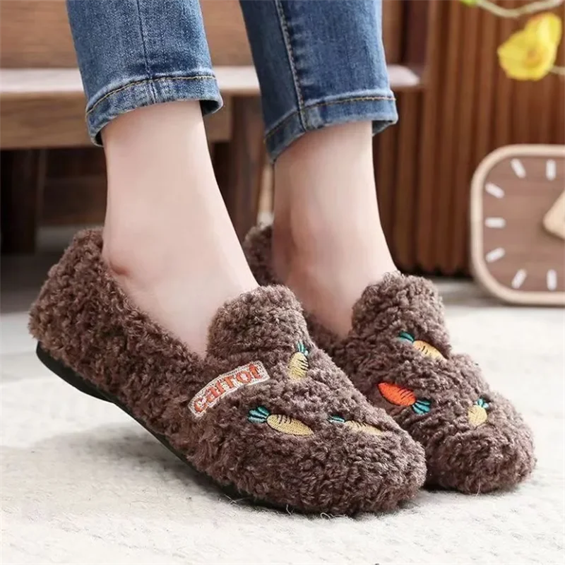 Plush Flat Shoes Fury Shoes for Women Winter Warm Shoe Non slip Soft Bottom Shoe Soybean Shoes Casual Shallow Fitting Shoes