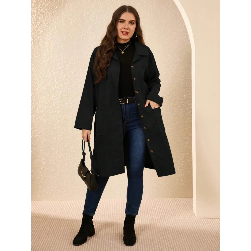 เสื้อโค้ทเทรนช์โค้ทผู้หญิงไซส์ใหญ่ รุ่น Winter Plus-Size สีพื้น กระดุมแถวเดียว สไตล์เรียบง่าย แฟชั่นลำลอง ใช้งานได้หลากหลาย