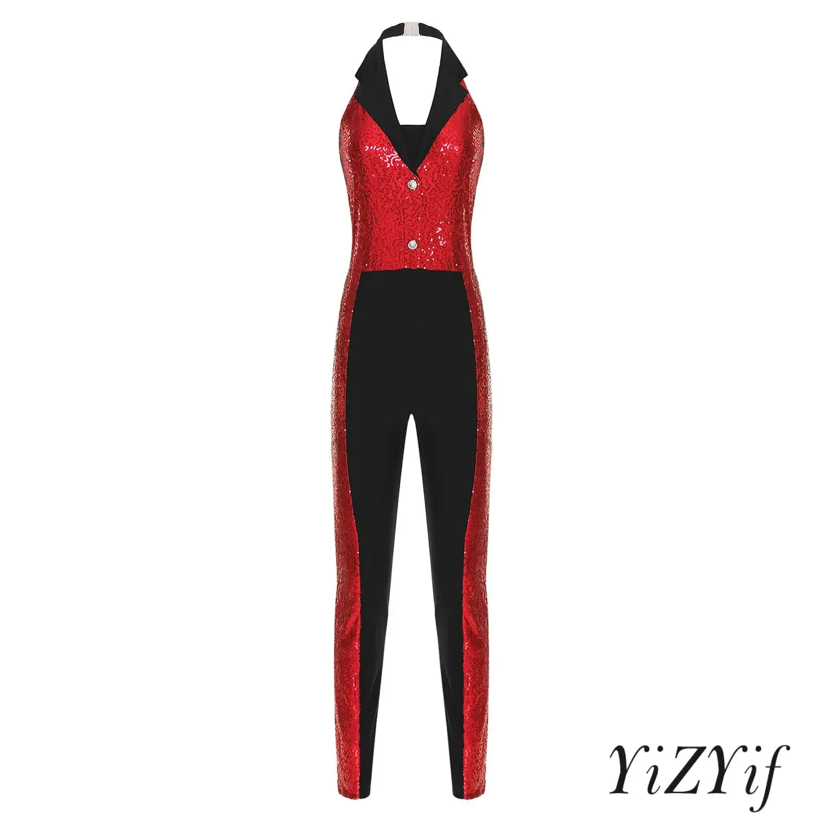 

Radiant Latin Dance Jumpsuit for Women Sequin Halter Design with Color Block Patchwork for Salsa Samba And Performance Wear