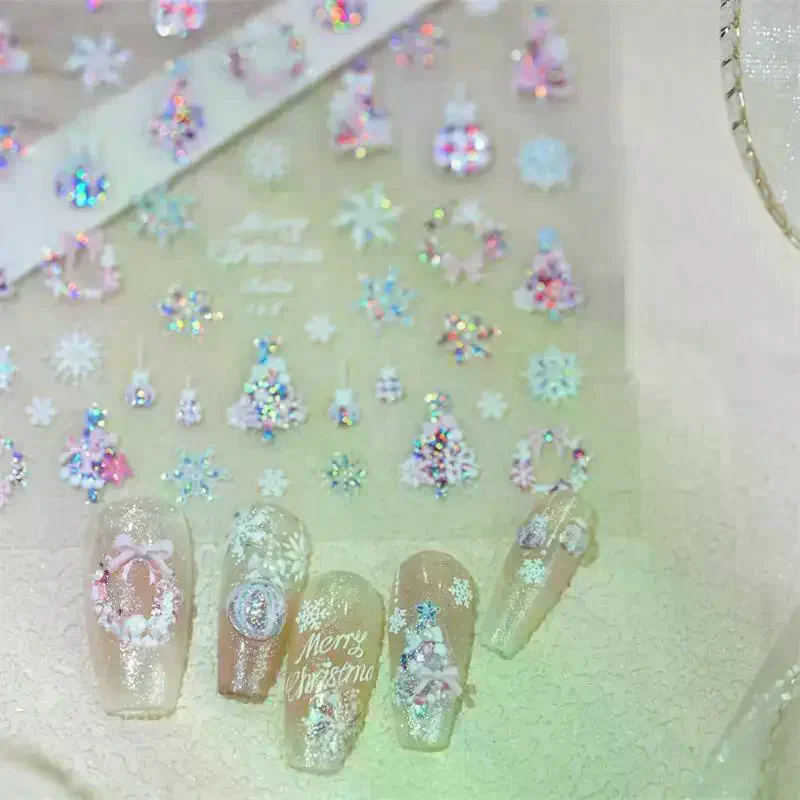 Lindo lazo de estilo navideño, copo de nieve colorido, árbol de Navidad, pegatinas para decoración de uñas, pegatinas estampadas para decoración de uñas para mujer, regalo