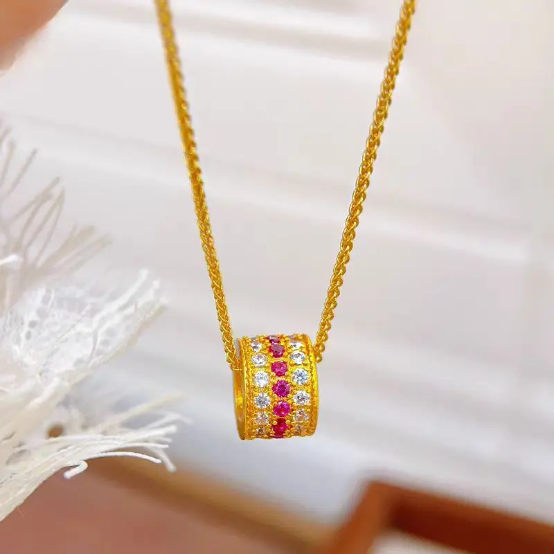 

24K real gold Point diamond ruby Necklace Pendant au9999 Gold Flash Rose clavicle chain Light luxury exquisite gift