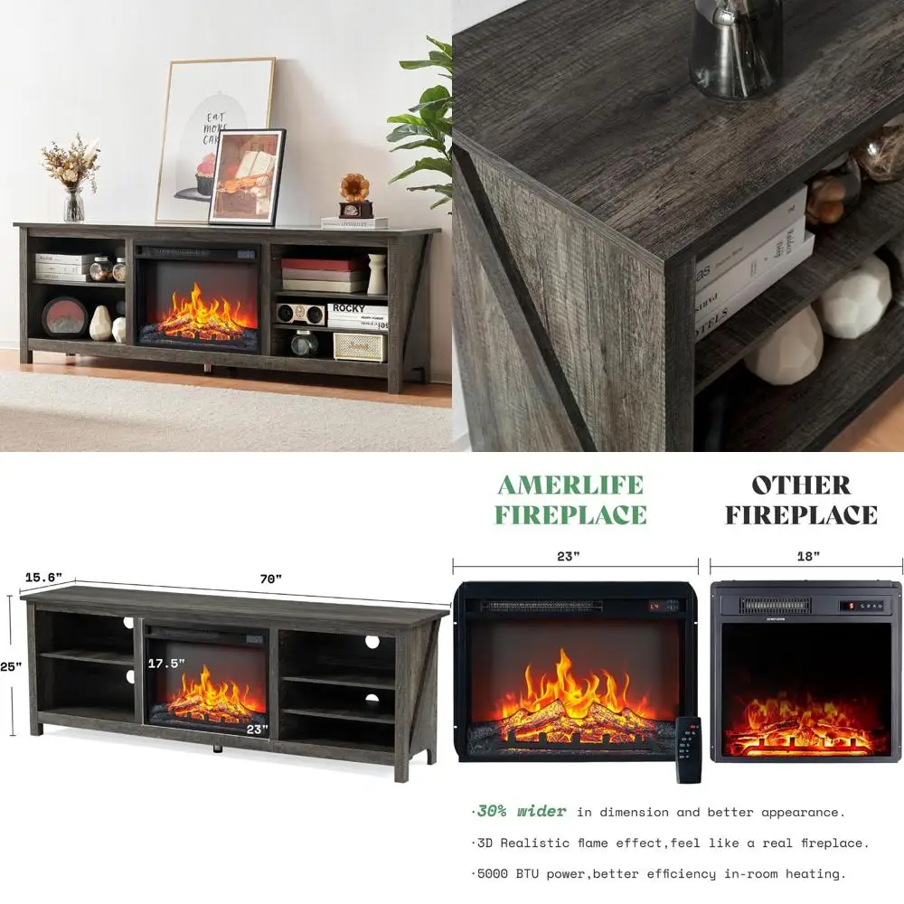 

Wooden Texture Entertainment Center with 23 Electric Fireplace, Farmhouse Style Media Console