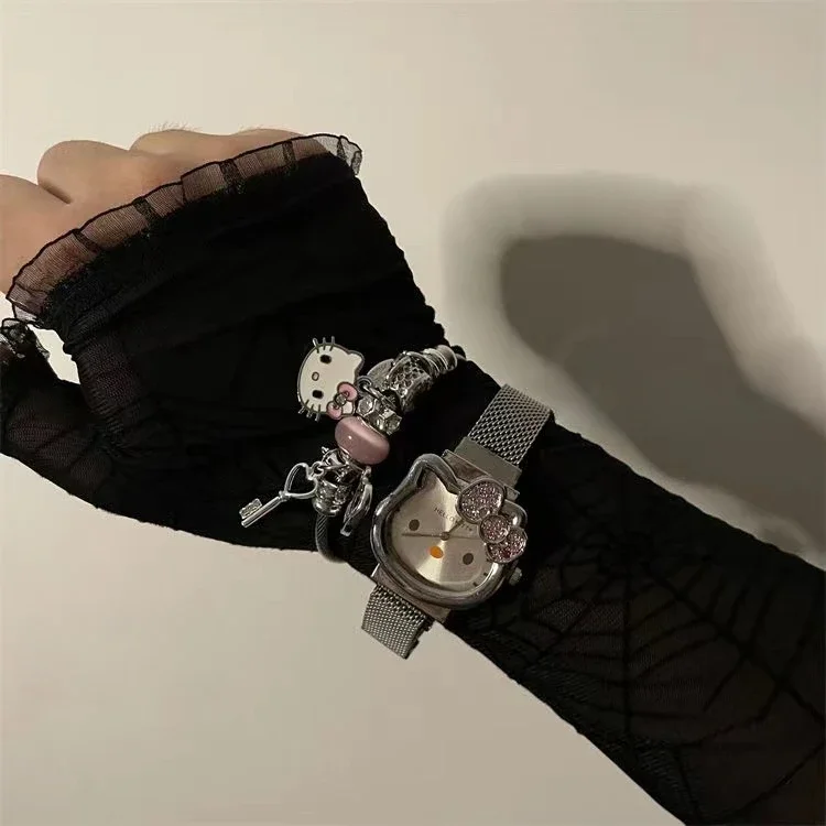 Hello Kitty Diamond Watch Cat Bow Kawaii Pink Ladies Gold Sliver Metal Jewelry Cartoon Magnetic Watch Girlfriend Birthday