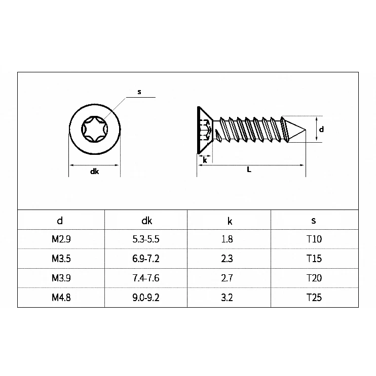M2.9 M3.5 M3.9 M4.8 Six Lobe Torx Flat Countersunk Wood Screws 304 Stainless Steel Anti Theft Security Self Tapping Screw