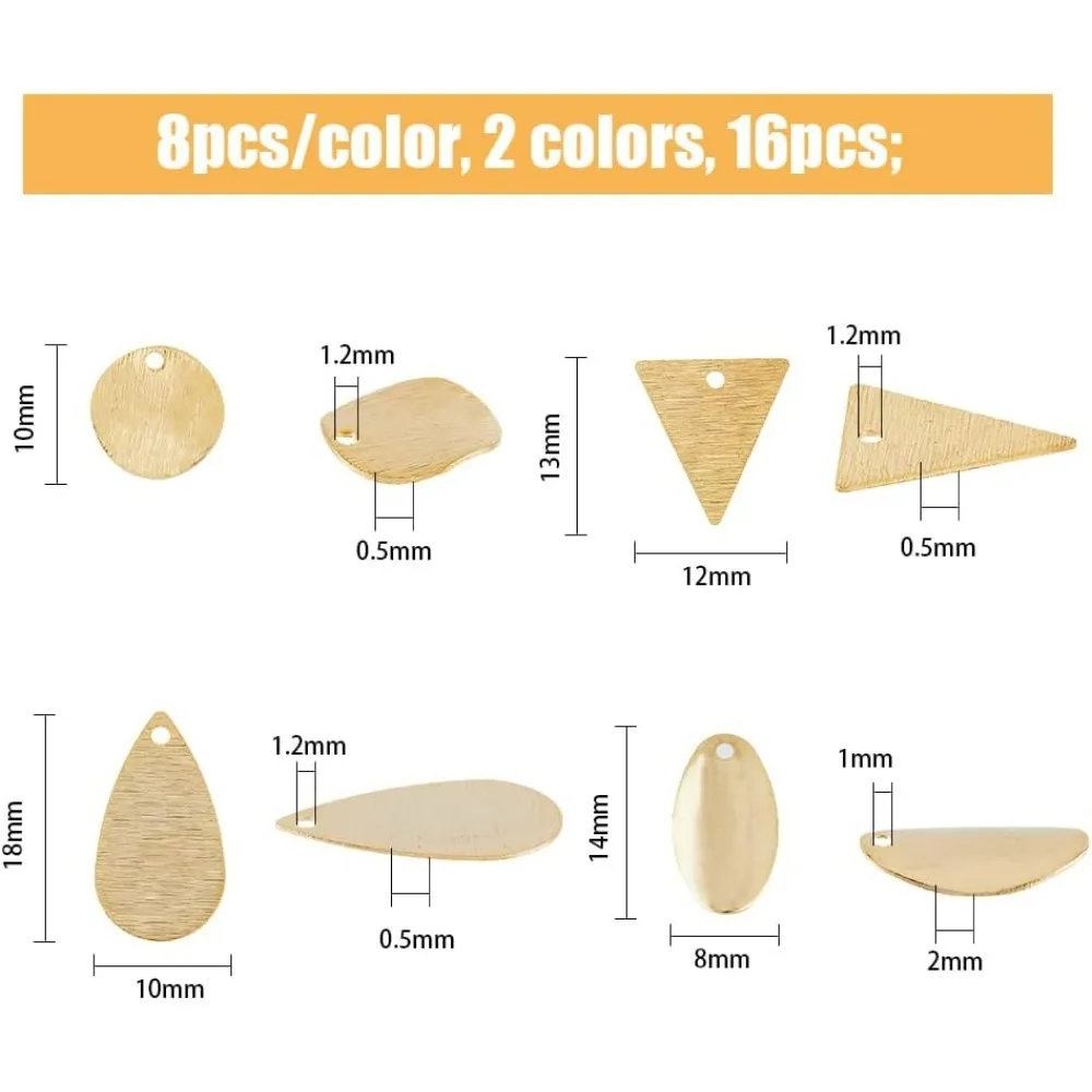 64Pcs 4 Styles Stamping Blank Tags 2 Colors Brass Blank Charms Pendants Metal Teardrop Flat Round Triangle Oval Tag Charms