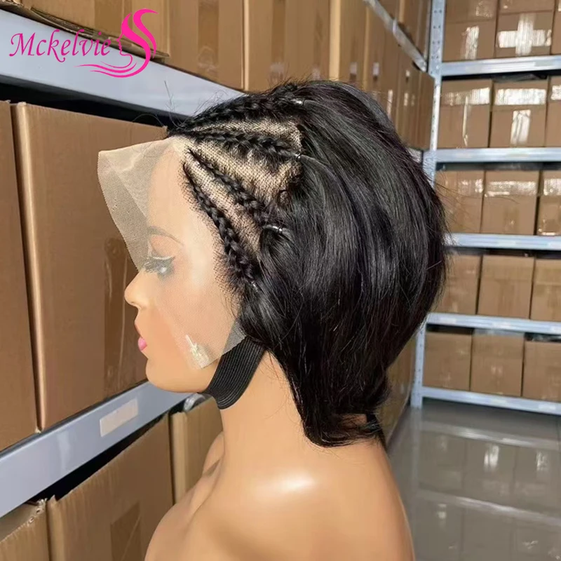 

Pixie Cut 13x4 Lace Braided Short Bob Wig Straight 100% Human Hair Natural Color Pre-Plucked Brazilian Remy Hair For Women
