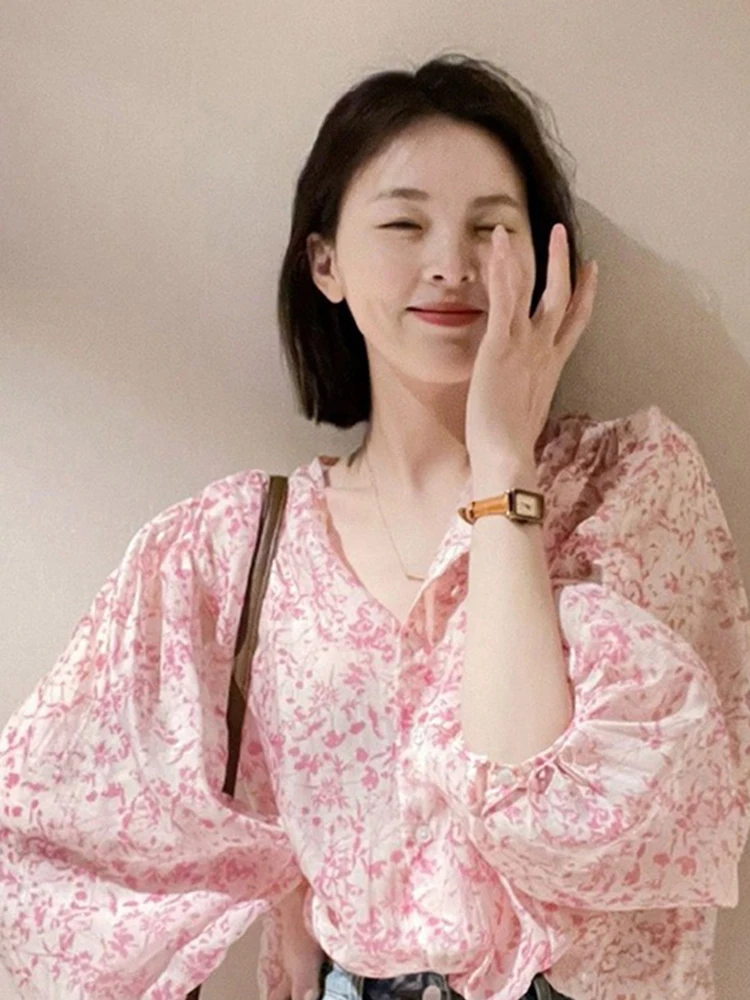 الربيع الصيف الأزهار طباعة فقاعة Sve irt المرأة فضفاضة V-Ne الشمس حماية مفتوحة سترة أعلى ريترو Sle طويل Sve #3