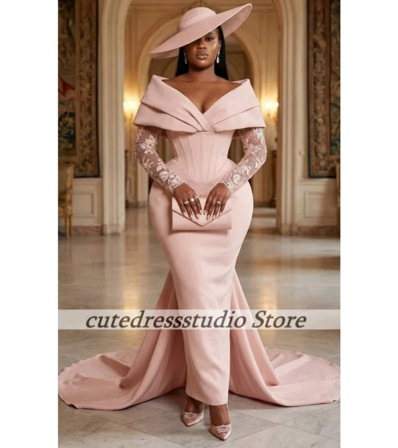 Pink Graceful Evening Dress Mermaid Off Shoulder Lace Applique Generous Formal Party Prom Dresses Vestidos De Fiesta Customized