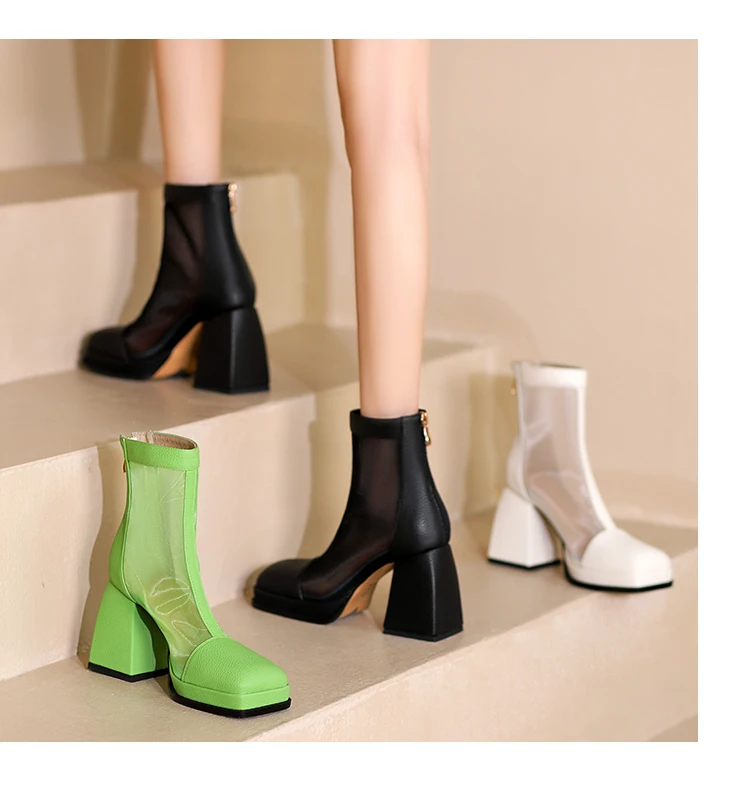 2022 New Ladies Square Toe Super High Heel Summer Boots Solid Color Fashion Sunscreen Rear Zipper Comfortable Ankle Boots