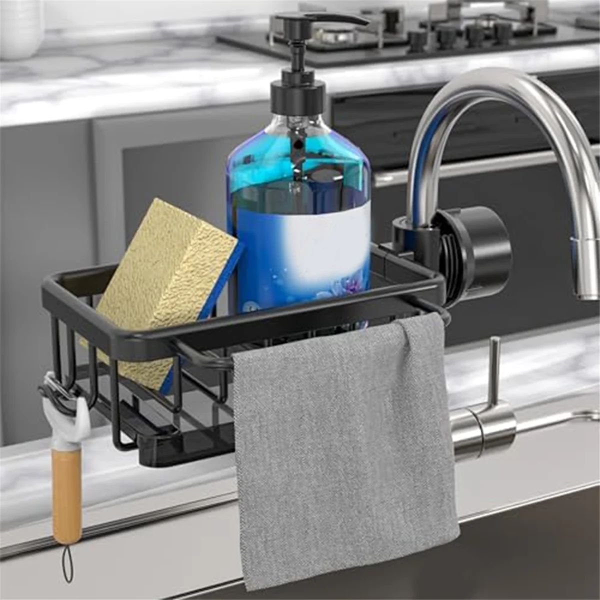 Portaspugna sopra il rubinetto Organizer per lavello da cucina, scolapiatti per rubinetto sospeso staccabile in alluminio spaziale con gancio nero