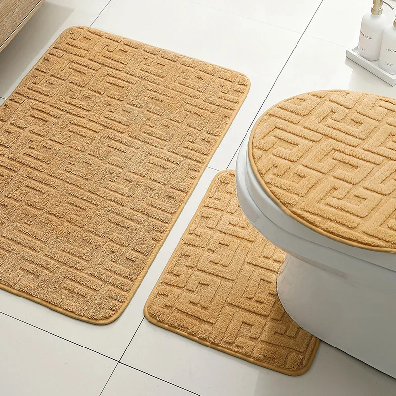 3Pcs Simple Flock Jacquard Bath Mats Toilet Absorbent Floor Mat U-Closestool Foot Mat Bathroom Non-Slip Mat Closestool Cover Pad