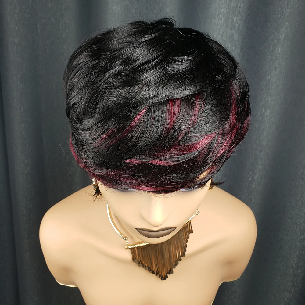 숏 픽시컷 가발 100% 인모 여성용 버건디 블랙 앞머리 있는 브라질리언 헤어 머신메이드 프리 플러킹 헤어라인