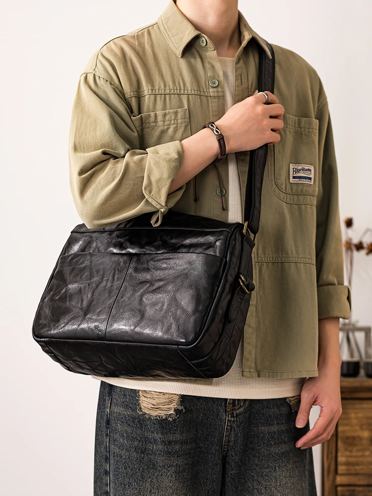 outdoor travel handmade vegetable tanned cowhide men large-capacity shoulder bag Vintage designer genuine leather crossbody bag