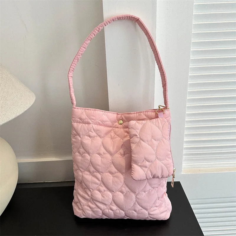 New Fashion Solid Color Quilted Tote Bag for Women Casual Down Cotton Padded Large Capacity Handbag Trendy Fluffy Shoulder Bag - view 2
