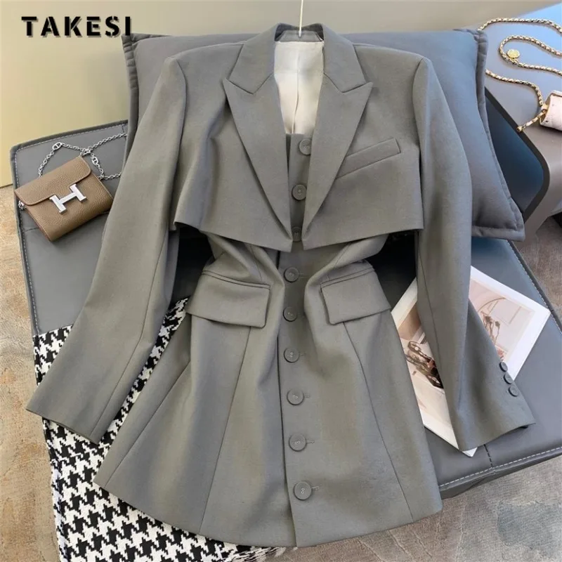 2023 Autumn Elegant Office Lady Style 2 Piece Set Women Long Sleeve Suits Coat + Suspender Dresses Solid Two Piece Dress Set