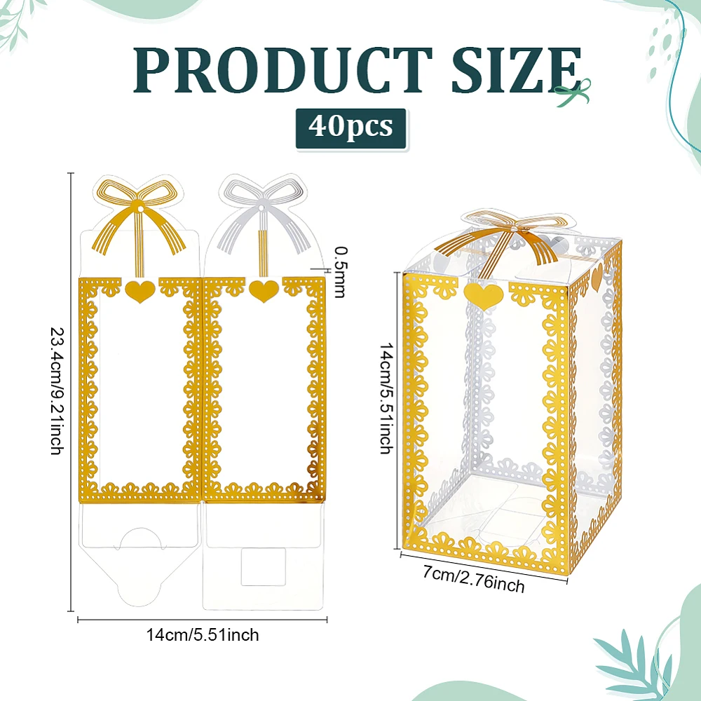 40 Pcs 2.8x2.8x5.5 Inch Clear PVC Gift Boxes Rectangle Golden Bowknot Pattern Boxes for Wedding Party Favor Festival Gift