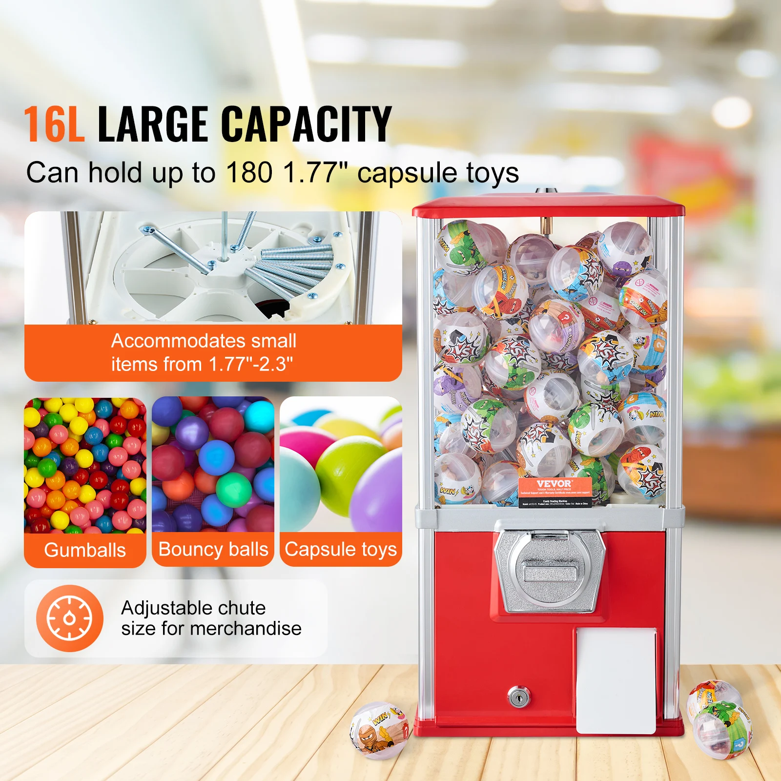 VEVOR 21" Gumball Machine for Kids Home Vending Machine PS Bouncy Balls Dispenser Hold 180 Capsule Toys for Game Stores