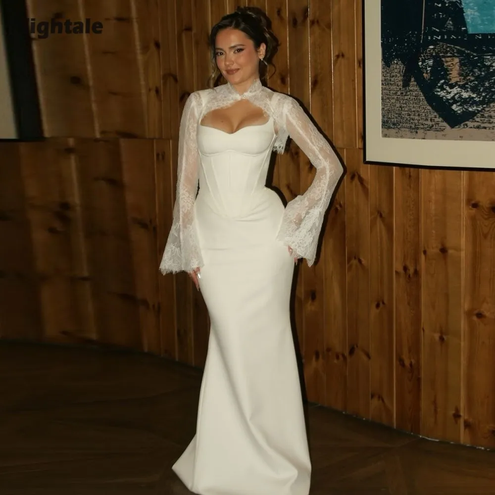 

Eightale Arabic Wedding Dress Sweetheart Customized Ivory Satin Lace Long Sleeves Bridal Gown Mermaid Bride Party Dress