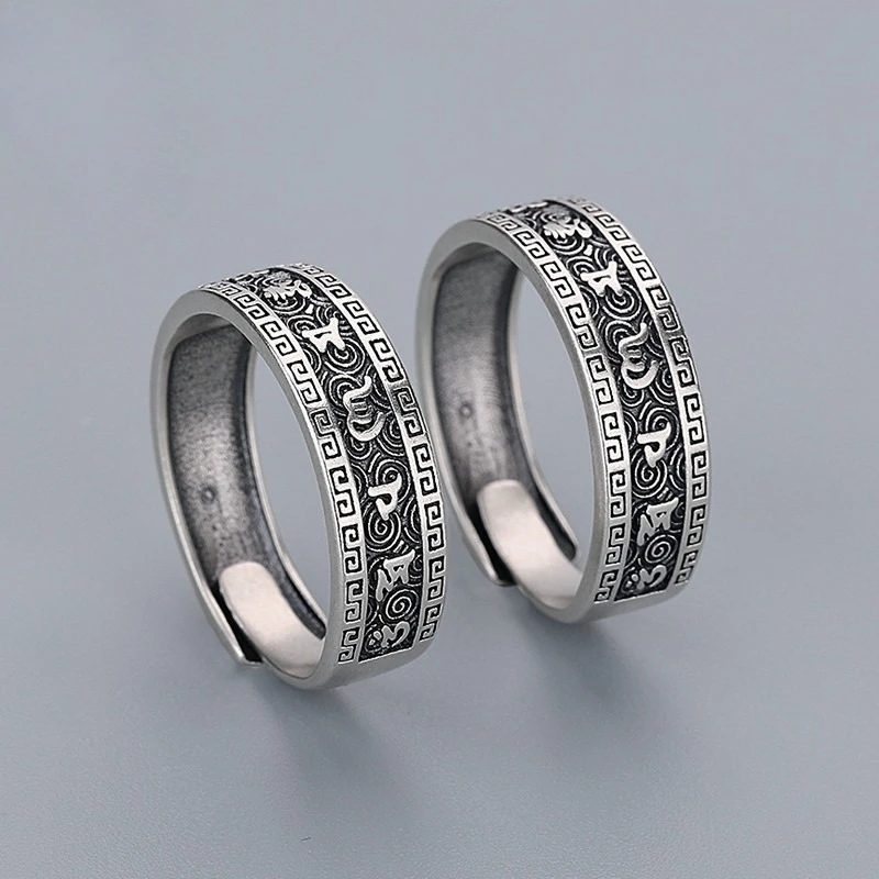 New Vintage His and Her Mantra Rings Buddhist Six Word Truth Couple Wave Design Adjustable Matching Bands