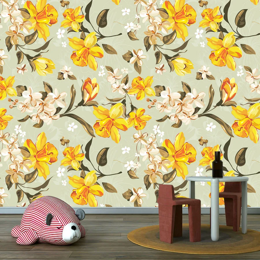 

Custom Easy to Apply Peel and Stick Wallpaper for Living Room Decoration Wall Papers Home Decor Yellow Flower Renovation Mural