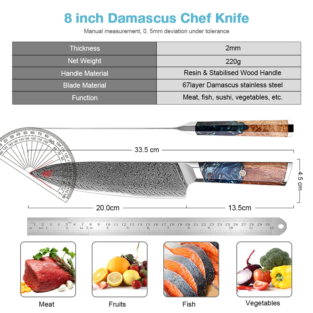 Damascus Chef Knife 8 Inch,Japanese Kitchen Knife with VG10 Steel Core,Ultra Sharp Professional Chef Knife,Kitchen Cooking Knife