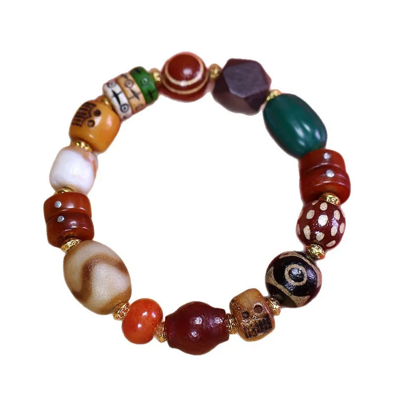 Natural Tibetan Genuine Old Agate Tiger Tooth Three-Eyed Dzi Bead Multi-Treasure Bracelet, approximately 15x18mm
