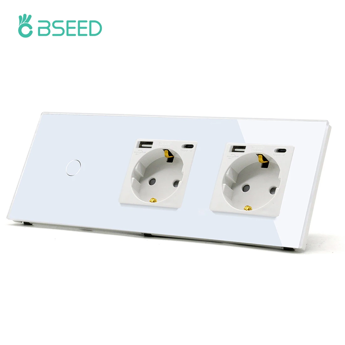 BSEED 1/2/3Gang Touch Lichtschakelaar 1Way Eenvoudige Sensor Schakelaar Type-c USB Sockets EU Standaard Glazen Paneel Blauwe Achtergrondverlichting 10A Wit