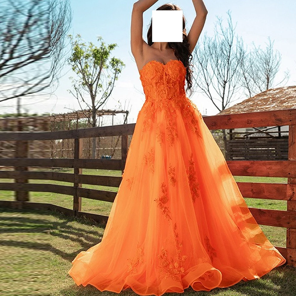 

Exquisite A-Line Floor Length Sweetheart Lace Tulle Sleeveless Orange Evening Dress Sweep Train Pleats Backless Saudi Arabia