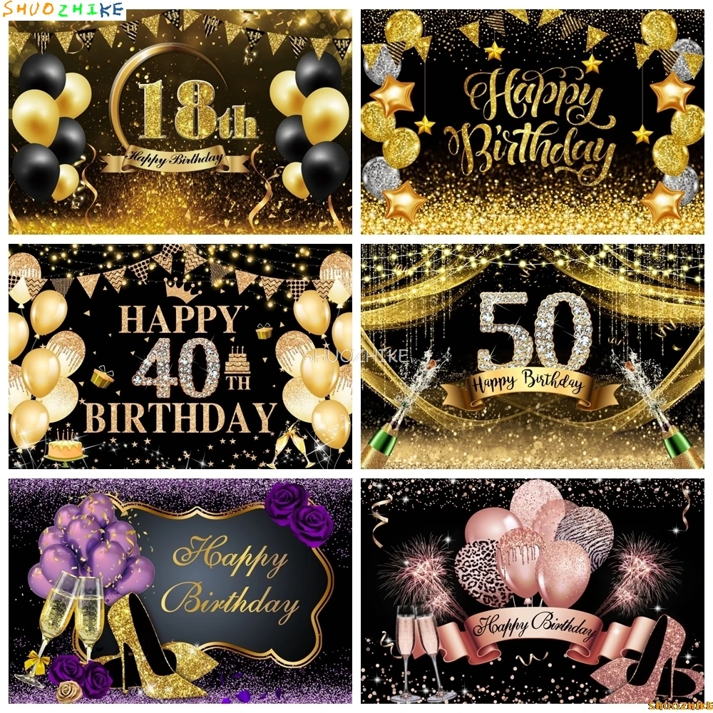 

Adult Happy Birthday Backdrop Blue Pink Glitter Balloon Boys Girls Birthday Party Family Portrait Photography Background Props