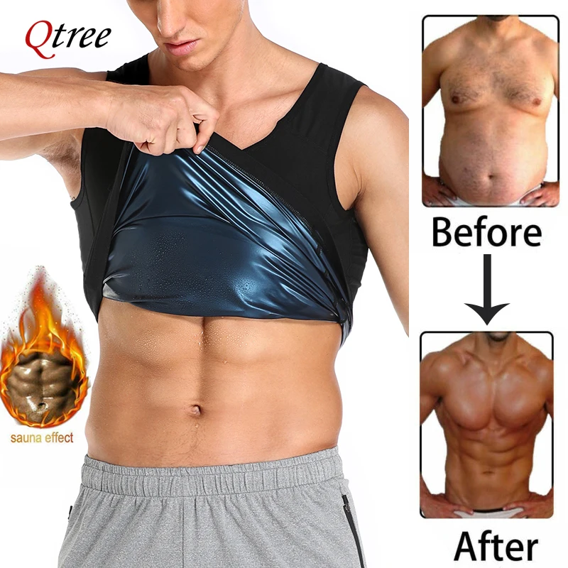 Qtree Men Sweat Sauna Vest Slimming Polymer Workout Body Shaper Top Weight Loss Fat Burner Compression Shirts Waist Trainer Suit