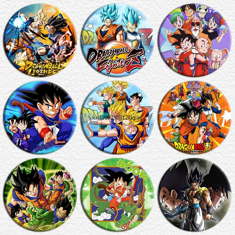 Anime Dragon Ball 58mm Charakter-Anstecknadel aus Weißblech mit UV-Druck, Brosche, Dekoration, Cosplay-Requisiten, Abzeichen, Schmuck, Geschenk für Freunde