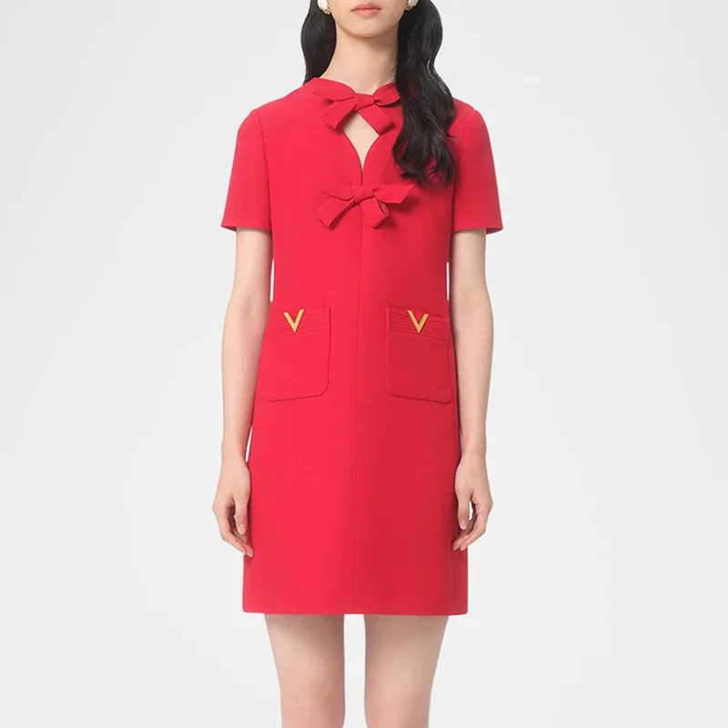 

Elegant Little Style Solid Color Straight Short Dress 2025 Summer New Patchwork Bow Design Short Dress Women