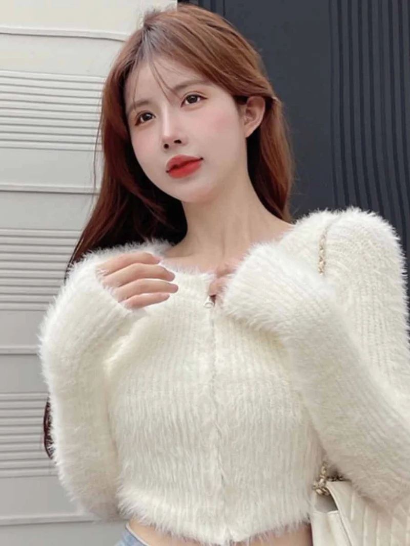 Kawaii Mohair Zipper Sweater Sueter White Fur Cropped Cardigan Knitted Jacket Korean Fashion Clothes Pink  Tops Women