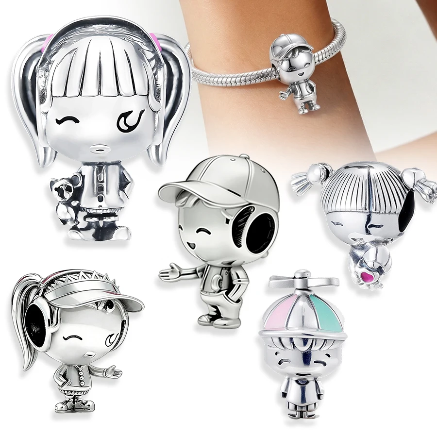 

Cute Cartoon Boy & Girl Charms for Bracelets 925 Sterling Silver Plated Beads Kawaii Doll Pendant DIY Jewelry for Women Girls