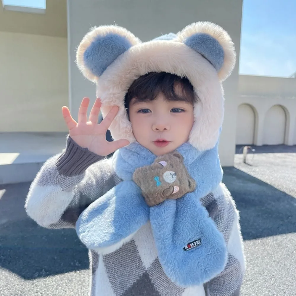 

Solid Color Bear Plush Hat With Mask&Scarf Korean Style Children Fleece Hat Cartoon Cloth Accessories Plush Hat with Scarf Girls