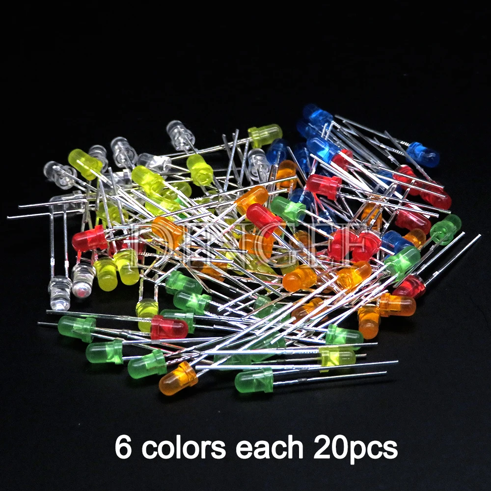 100PCS 3mm 5mm LED Diode F3 F5 Assorted Kit White Green Red Blue Yellow Orange Pink White DIY Light Emitting LED Diode Connector