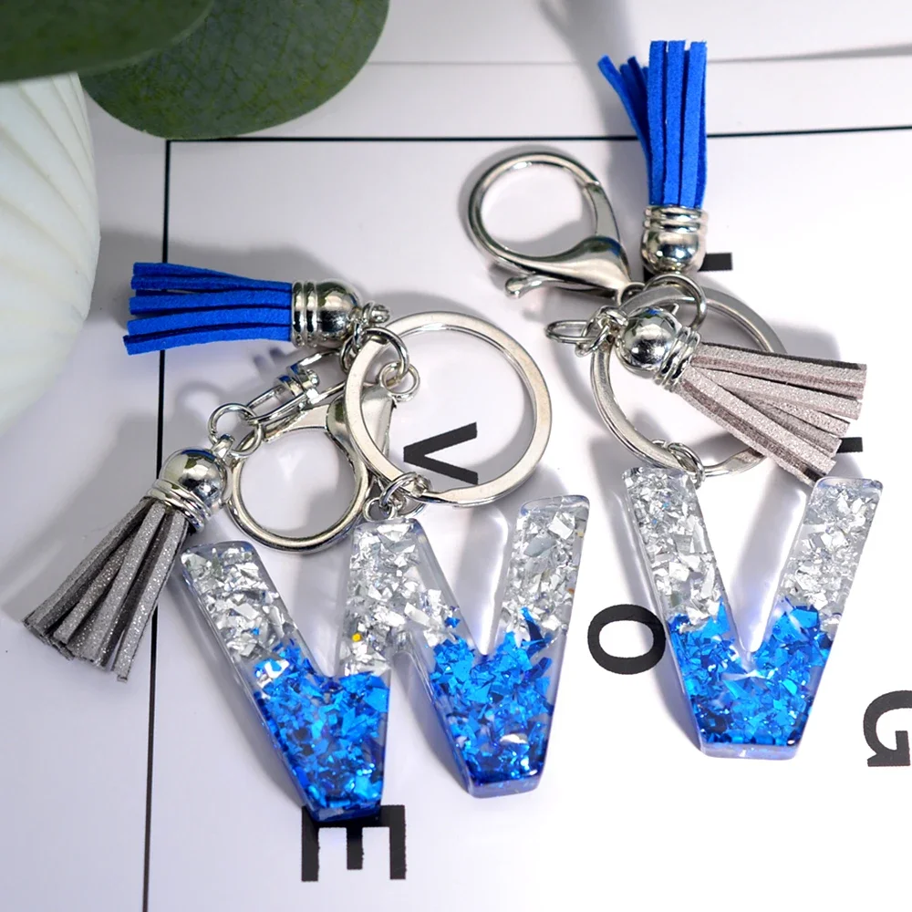 Glacier Sea 26 Initials Resin Keychain A to Z Sequin Filling Keyring for Women Men Blue Gray Tassel Pendant Handbag Accessories