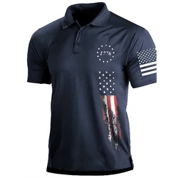 Men's Golf Polo Shirt 3D Print Star Flag Pattern Button Polo Shirts For Men Quick Drying Short Sleeve Breathable Lapel Shirts