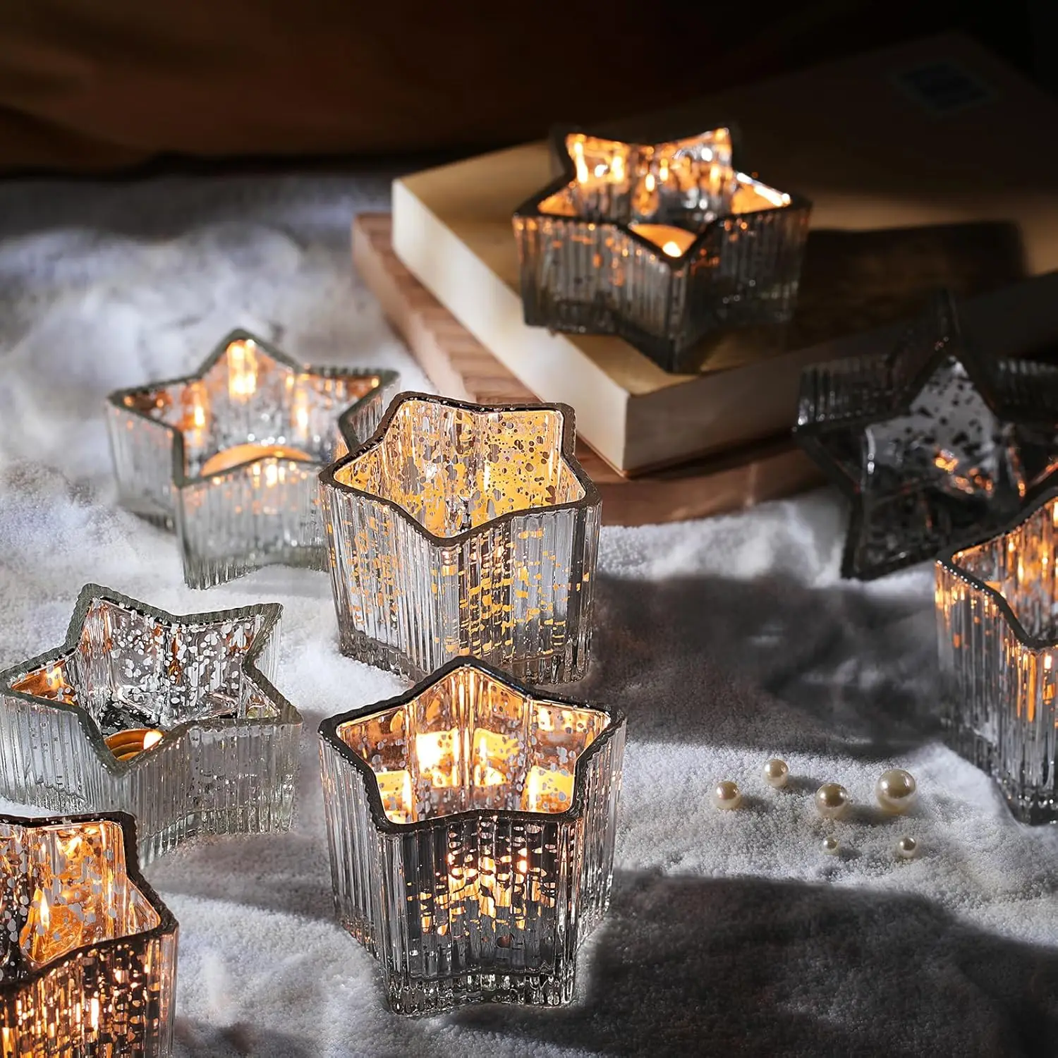 

10pcs Silver Ribbed Star Candle Cups - Assorted Height Tea Light Holders for Wedding, Fall Table Centerpiece