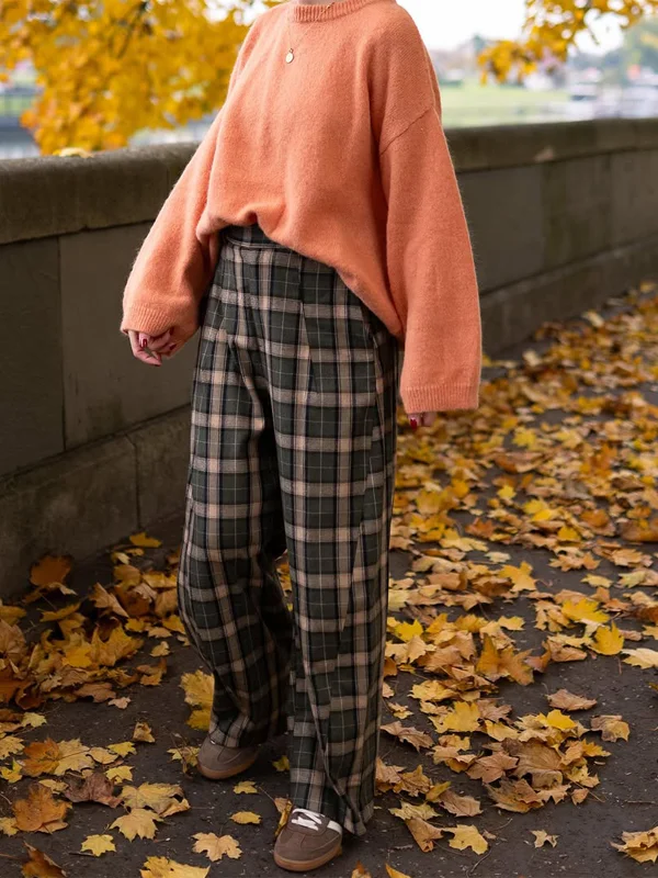 Chic Solid Plaid Loose Pants Women Casual High Waist Loose Straight Wide Leg Trousers 2026 Lady Spring Autumn Commute Wear New