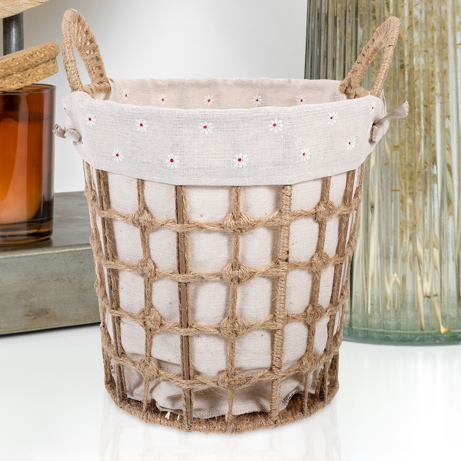 

Small Woven Storage Basket Round Linen Lined Hemp Rope Bins for Home Kitchen Bathroom Office Storage Organizer Container Bin Box
