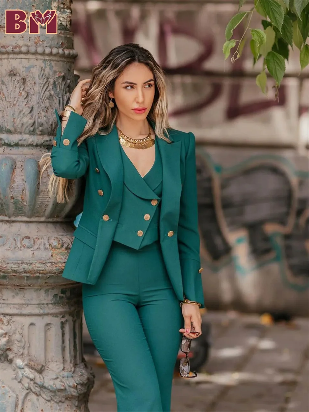 Hot Sale Classic Dark Green Women Suit For Office Stylish Single Button Suit Including Jacket Vest Pants Classic Suit Customized