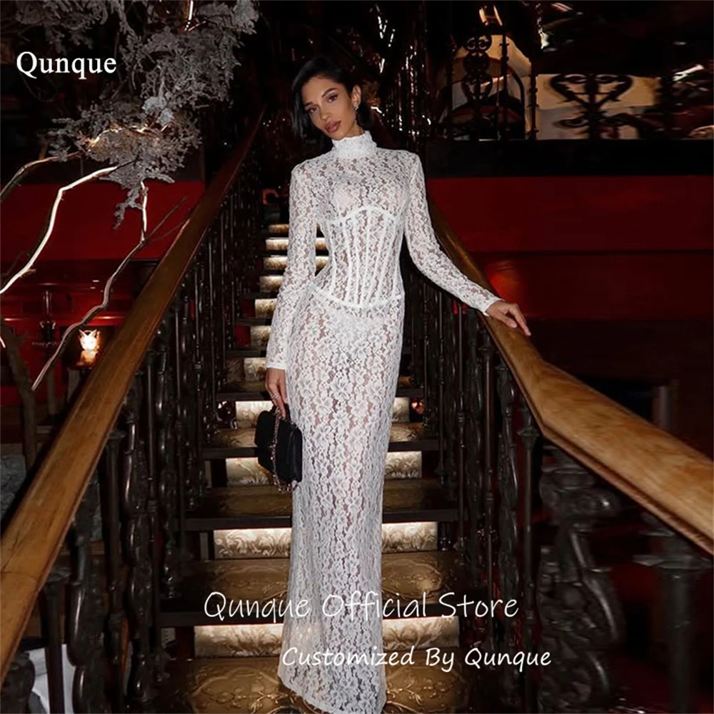 Qunque Illusion High Neck Bridal Wedding Dresses Straight Maxi Robes De Soiree Delicate Lace Vestido De Novia Boda Customized
