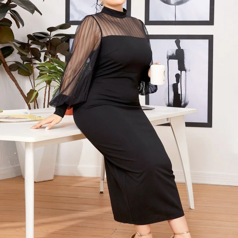 L-4XL Plus Size Dresses for Women Clothing Summer 2023 Mesh Long Sleeve Black Sexy Club Party Elegant Evening Dress Dropshipping