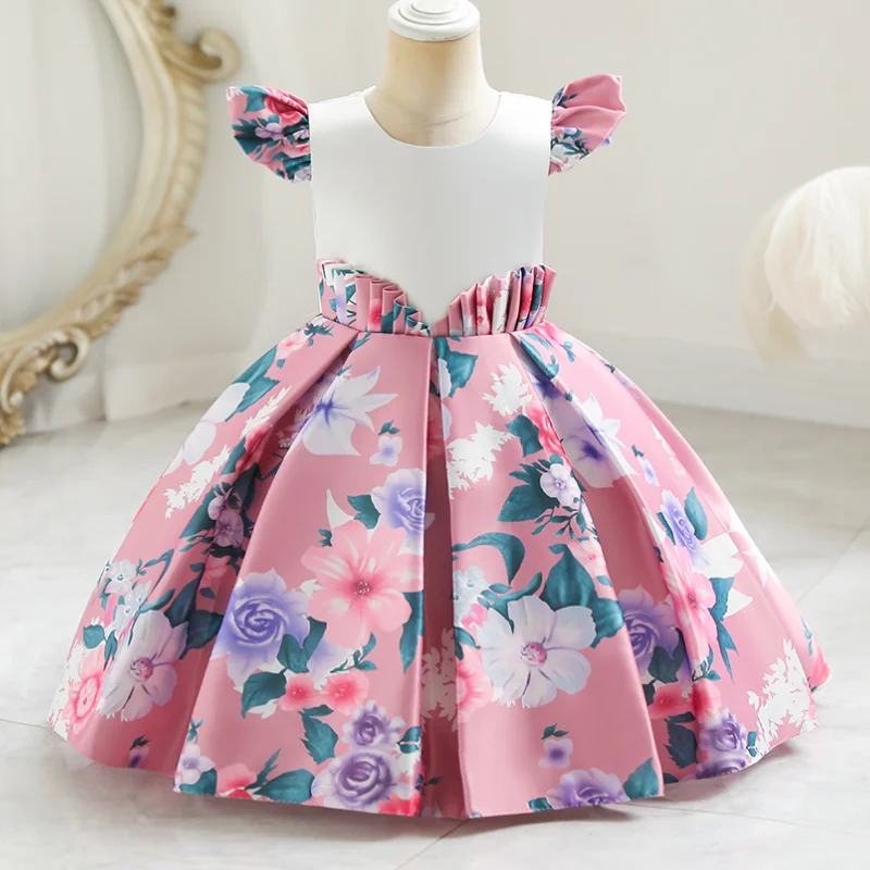 Girl's Floral Satin Ruffled Edge Party Birthday Celebration Dress with Small Flying Sleeves Fashionable Printed Wedding Dress