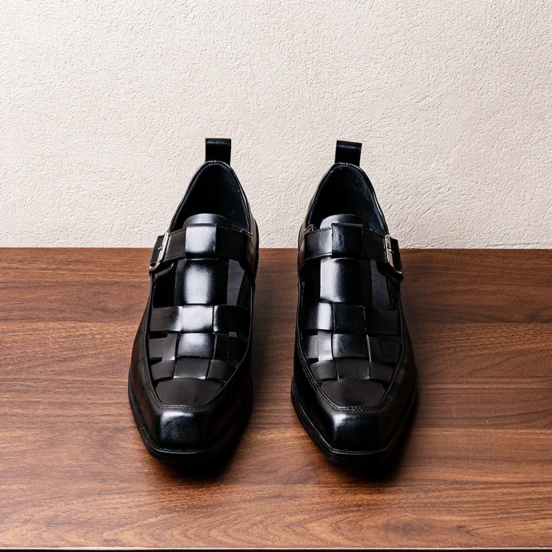 

Retro Mens Genuine Leather Business Sandals 5 Cm Height Handmade Quality 2026 Summer Outdoor Hollow Social Shoes High Heels Male