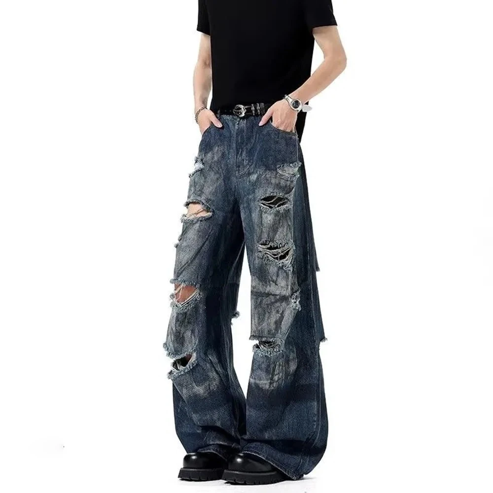 メンズリッピングストレートジーンズアメリカンレトロファッショントレンドハイストリートヒップホップルーズ通気性ニッチ夏の新しいメンズボトムス