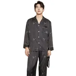 2024 New Pajamas Men's Bamboo Printed Striped Long-sleeved Pants Sleepwear Suit Spring Summer Black Silky Two-piece Loungewear